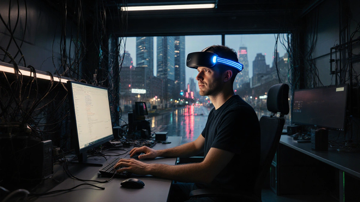 Sam Altman wears neural headset while working at computer with city skyline and neon lights glowing through window