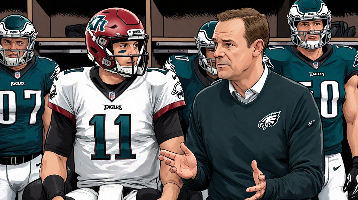 Quarterback Sam Howell talking heatedly with Coach Tanner McKee in the locker room with Washington Commanders colors.