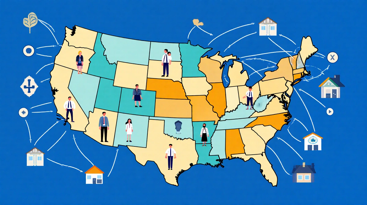 Colorful US map connects states with healthcare workers and families showing SAMHSA mental health funding support