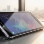 Samsung Galaxy Z Trifold lying open on sleek desk with hinge visible and warm natural light highlights foldable design