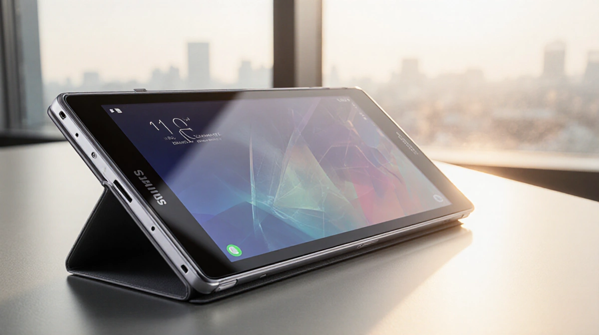 Samsung Galaxy Z Trifold lying open on sleek desk with hinge visible and warm natural light highlights foldable design