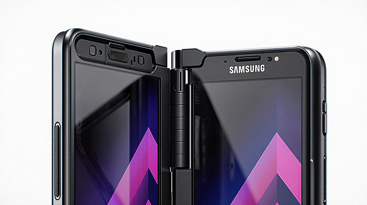 Samsung TriFold phone folding with hinge mechanism and vivid colors with minimal background