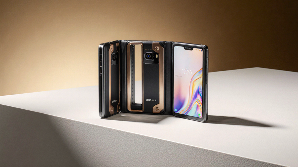Samsung Galaxy Z TriFold phone lies on desk with golden light highlighting premium design on gradient background