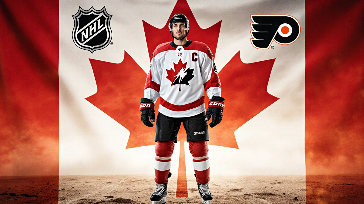 Sanheim stands proudly in Olympic hockey gear with a Team Canada jersey and maple leaf emblem as NHL Flyers logos glow behind