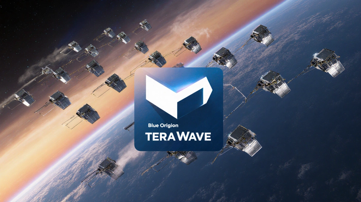 Silver satellites orbit Earth in hexagonal formation with glowing trails and Blue Origin TeraWave logo floating over sunset s