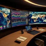 Analysts study satellite imagery on glowing screens with colorful data patterns and wooden desk