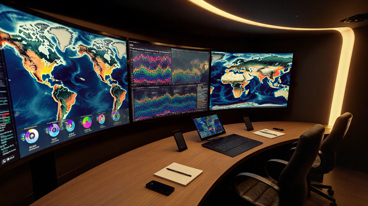 Analysts study satellite imagery on glowing screens with colorful data patterns and wooden desk