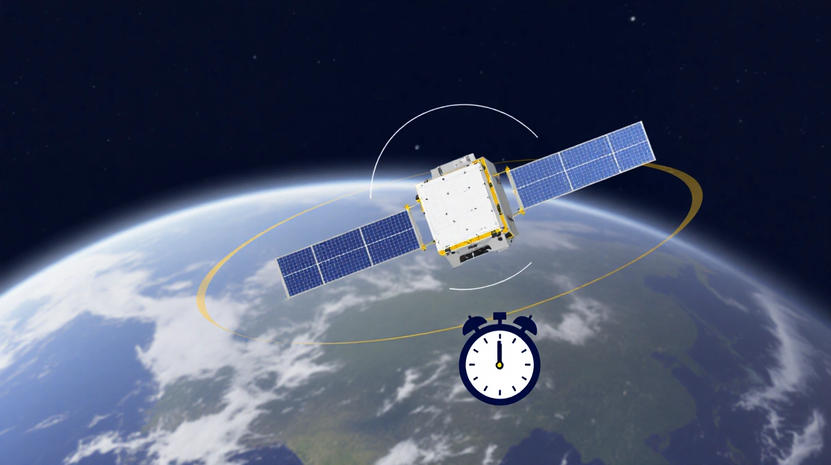 Satellite drifting downward toward Earth with subtle blur and a small clock in foreground
