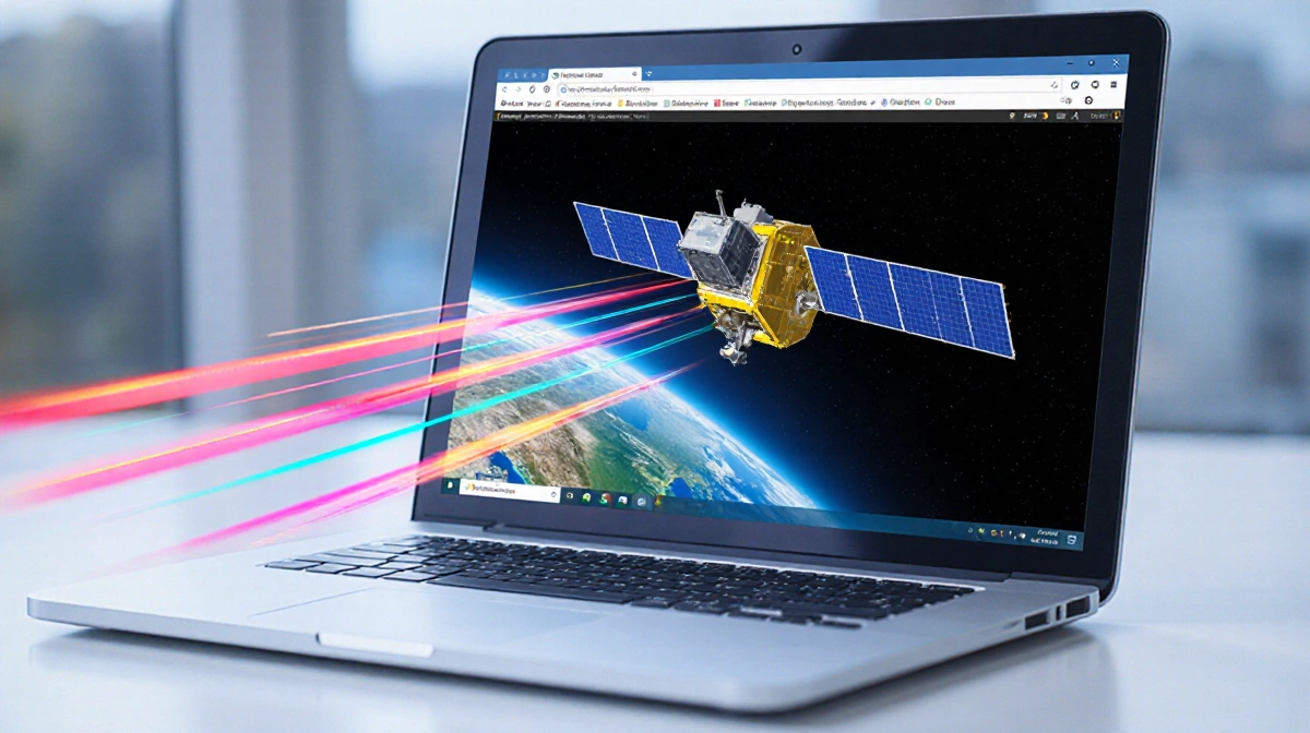 Laptop screen shows satellite imagery with fast-moving lines and bright colors indicating rapid online satellite tasking
