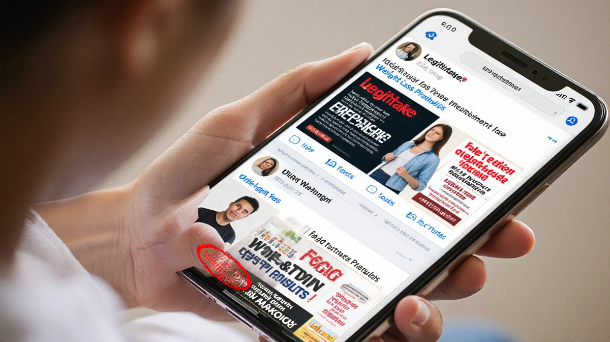 Person scrolling social media on phone with weight loss ads and concerned expression