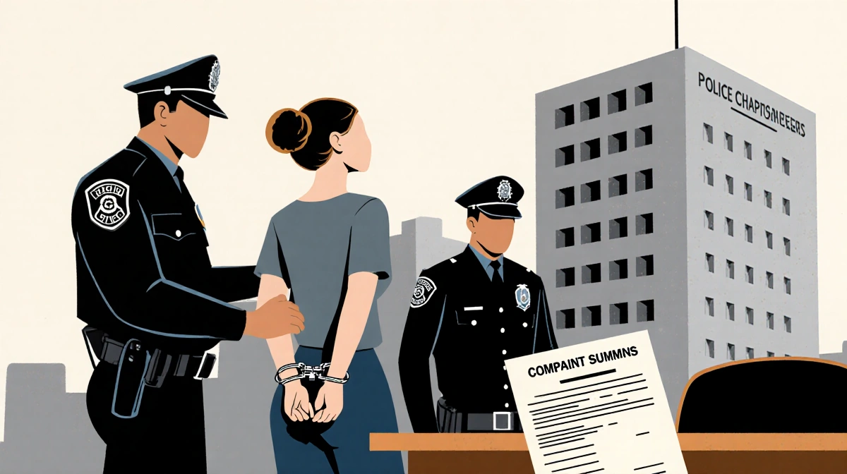 Woman in handcuffs being escorted by police officers with courthouse building and legal documents visible