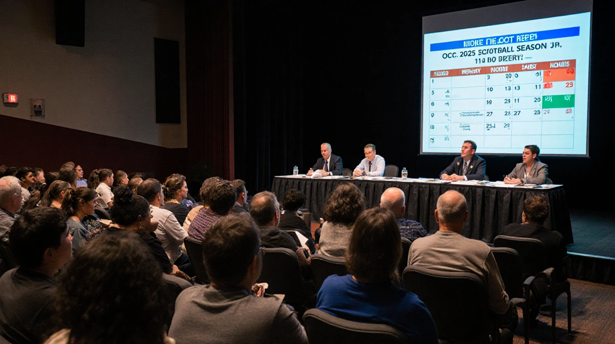 Parents confront school officials at meeting with canceled 2025 football season calendar showing October dates behind them