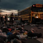 Emergency responders treating victims beside a crashed school bus with police tape and scattered belongings on the road
