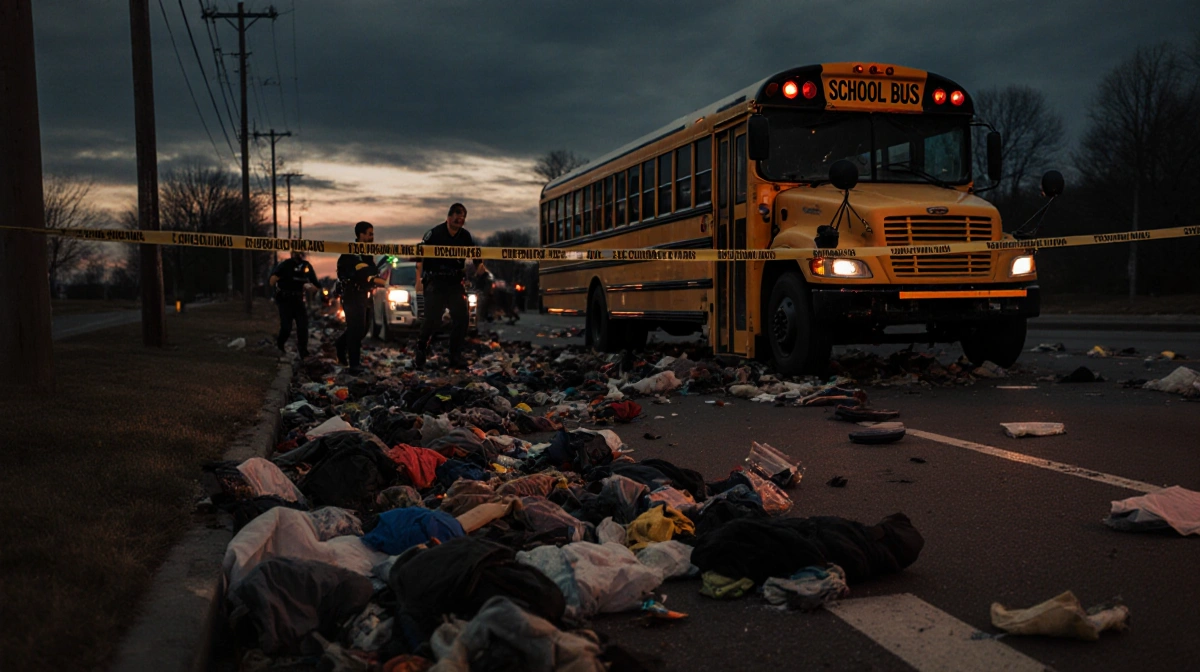 Emergency responders treating victims beside a crashed school bus with police tape and scattered belongings on the road