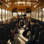 Students sitting on stripped bus floor with parents standing behind showing frustration