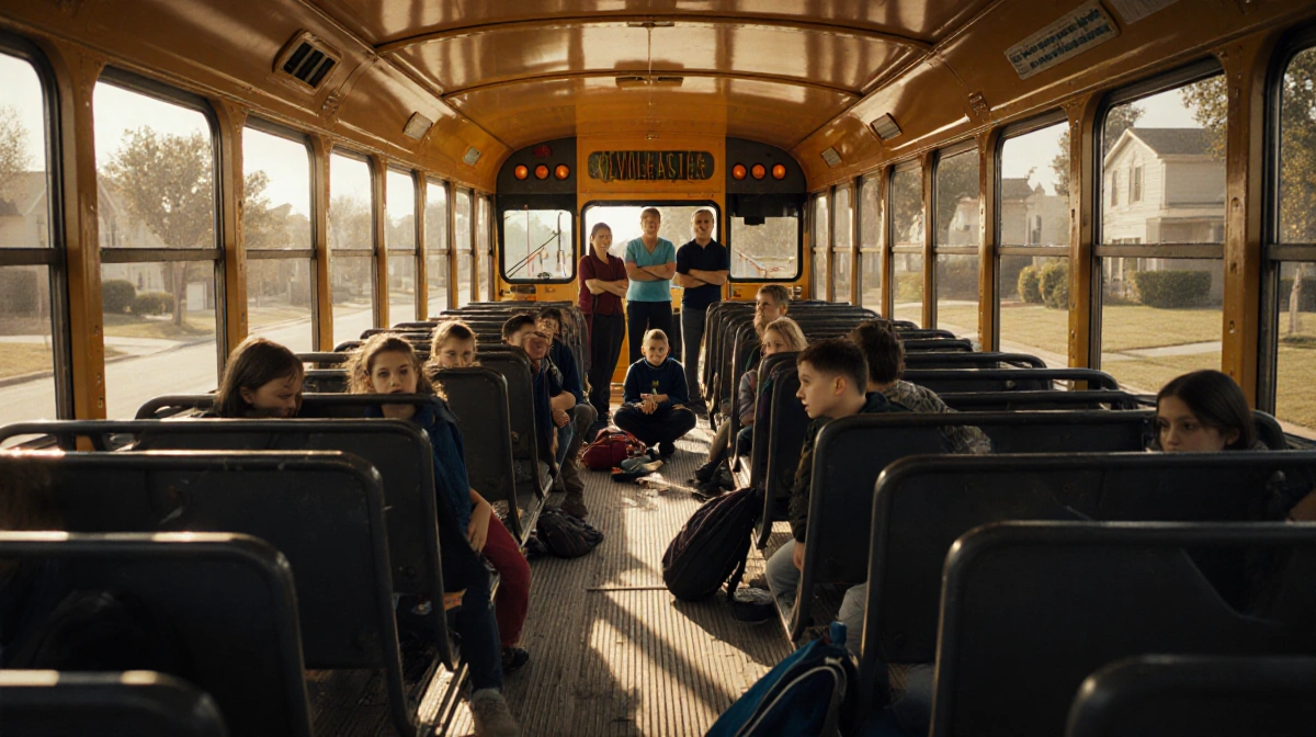 Students sitting on stripped bus floor with parents standing behind showing frustration