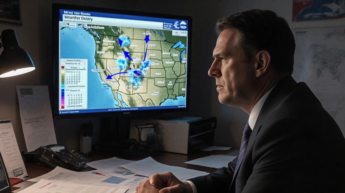 School administrator studying weather map with temperature forecast and student schedules showing concern