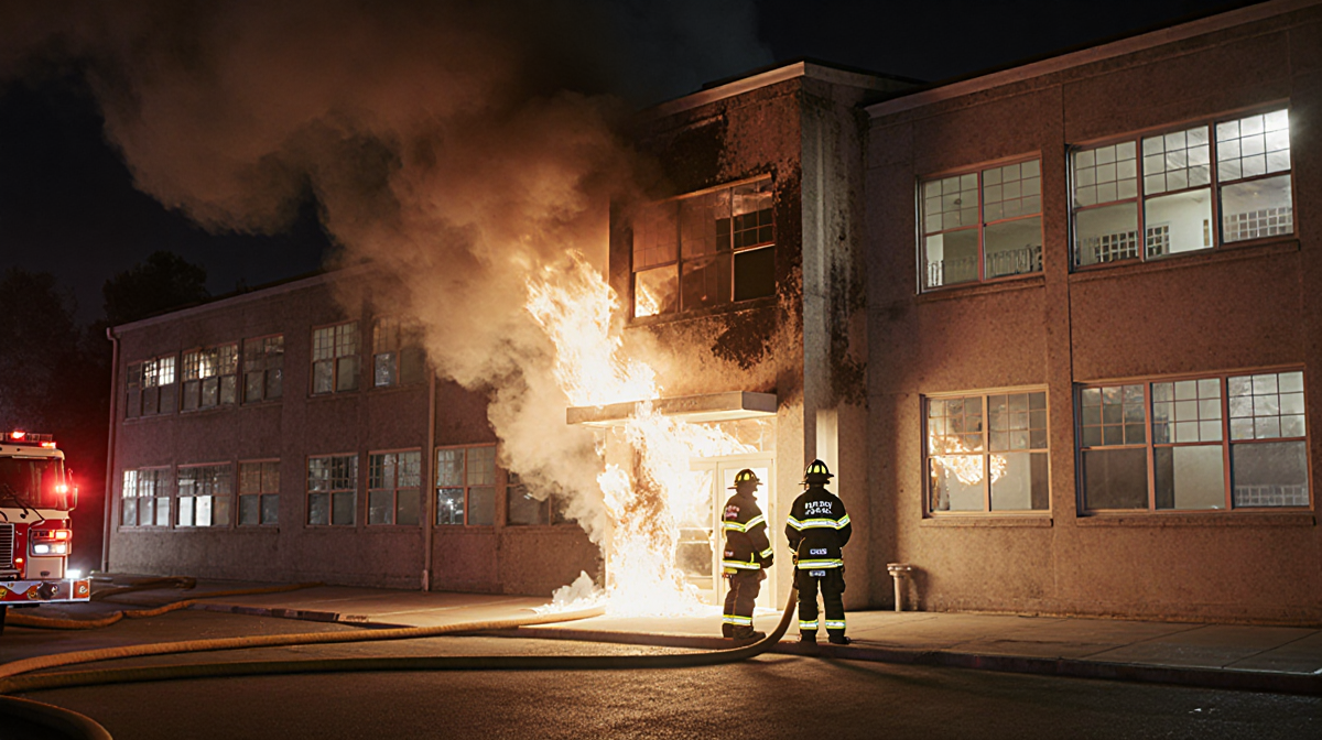 Firefighters stand guard outside with flames engulfing building corner and smoke drifting over concrete.