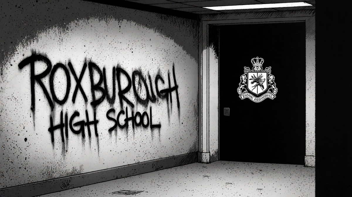 School hallway mural features hateful graffiti with stark black text and faded school crest in background