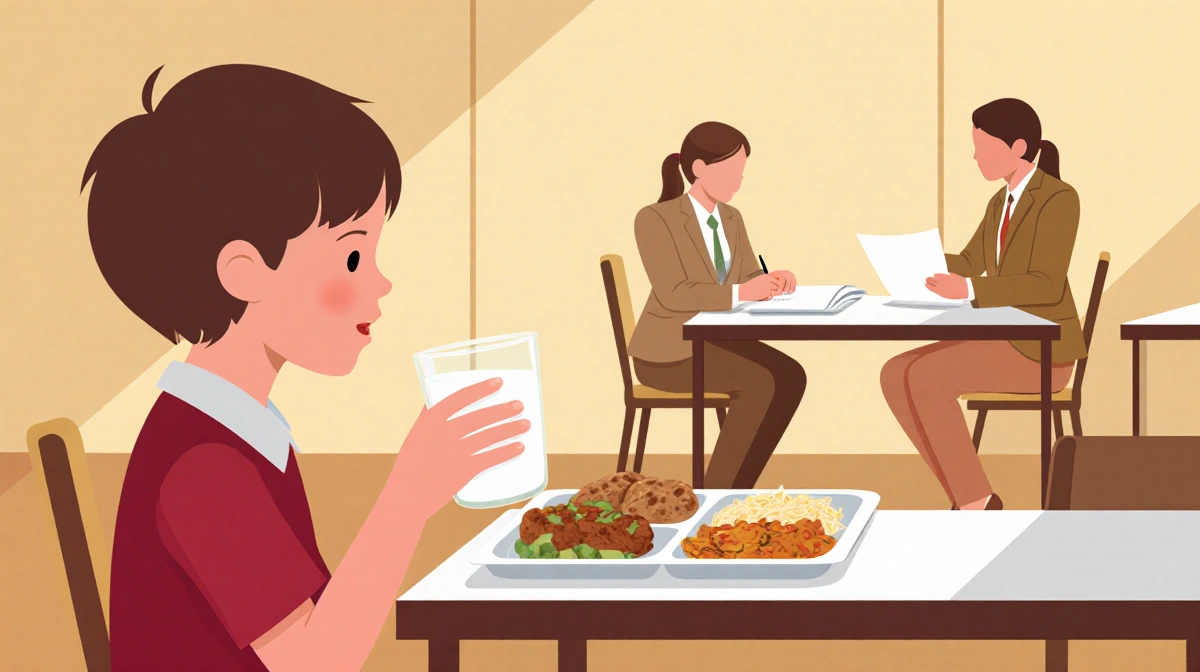 Child drinking whole milk at school lunch table with nutrition directors reviewing paperwork in background