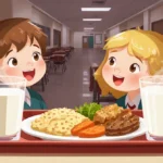 Two happy kids enjoying whole milk at school lunch with steaming glasses and food tray showing nutrition