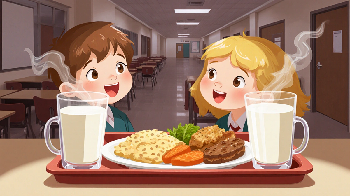 Two happy kids enjoying whole milk at school lunch with steaming glasses and food tray showing nutrition