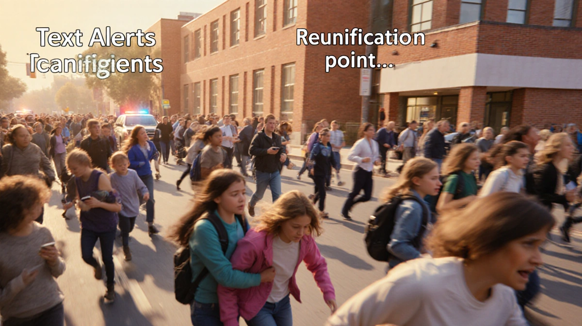 Parents carrying children rush toward school reunification point with text alerts showing and sirens flashing in background