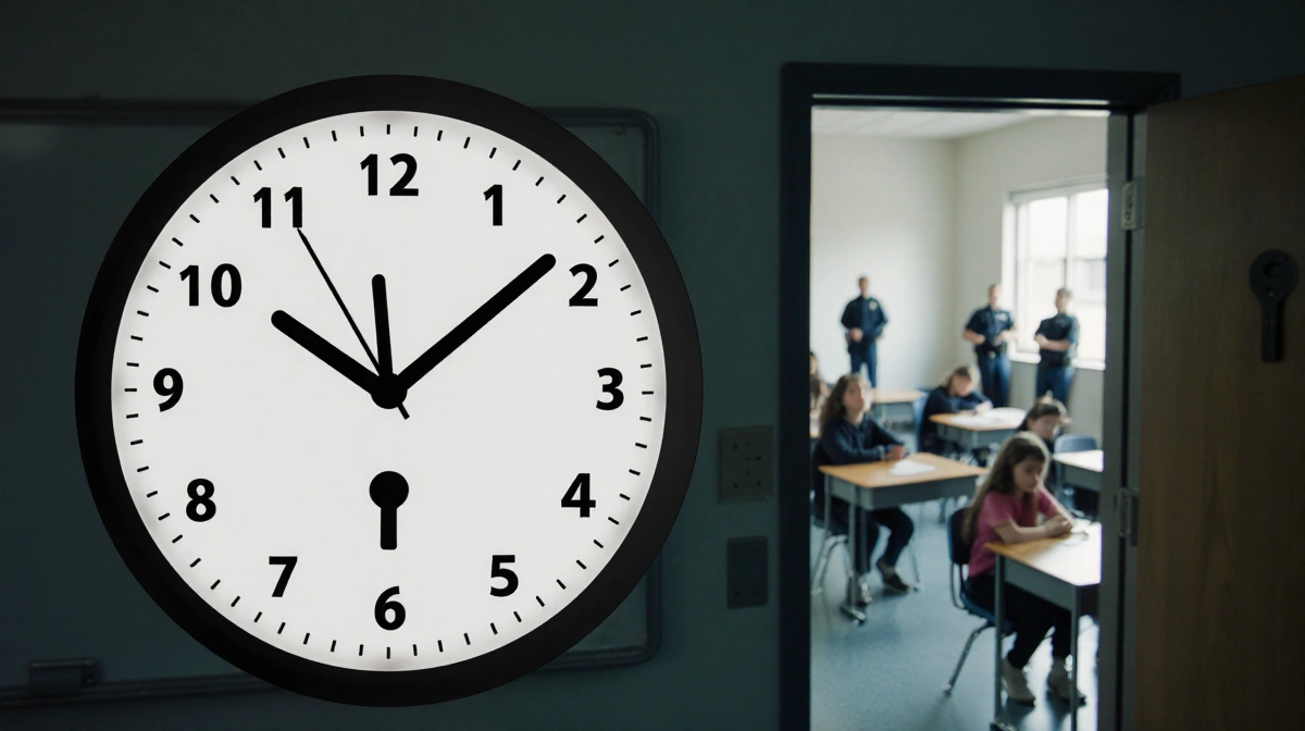 Clock shows 10 minutes past hour with door keyhole and police while blurred children hint at students inside and shooting del