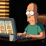 Scott Adams sits at desk working on comic with laptop screen and abandoned coffee mug warm light through blinds