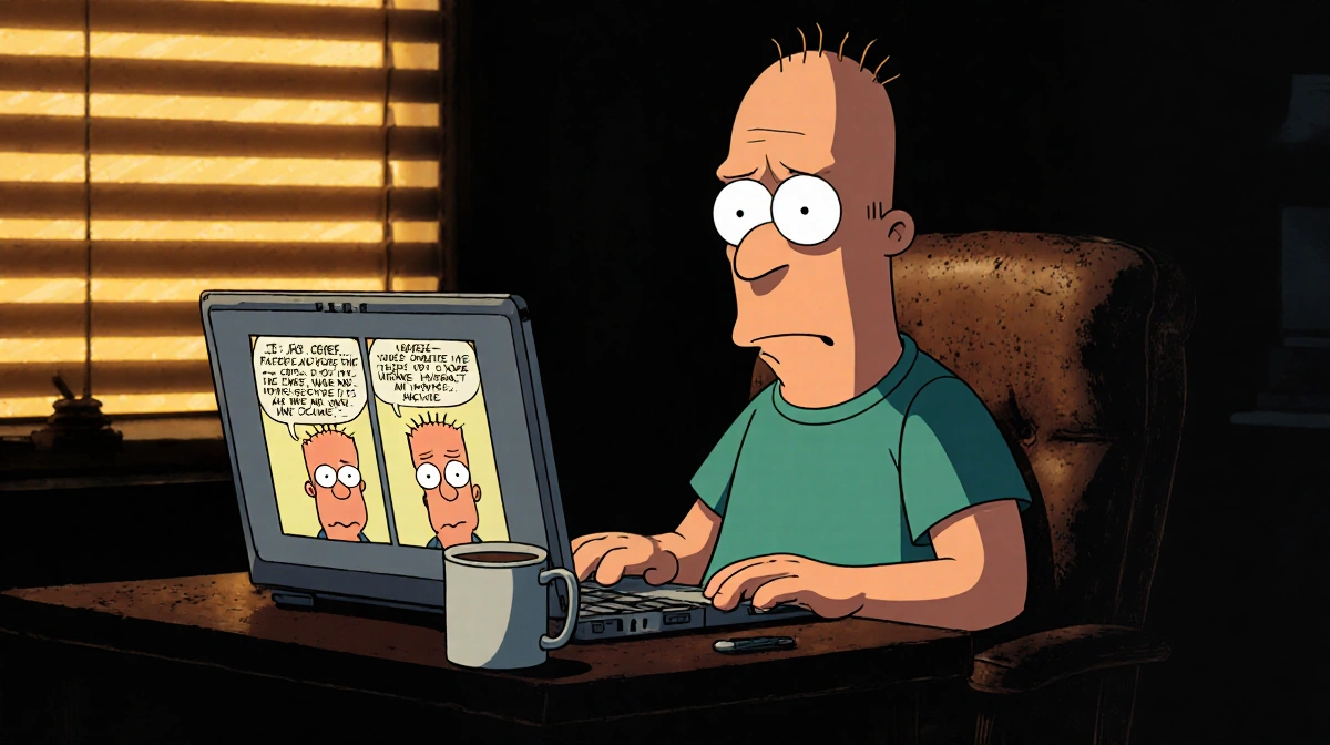 Scott Adams sits at desk working on comic with laptop screen and abandoned coffee mug warm light through blinds
