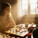 Two friends playing Scrabble at cozy table with vintage board and candy snacks in warm evening light