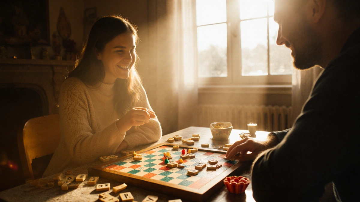 Two friends playing Scrabble at cozy table with vintage board and candy snacks in warm evening light