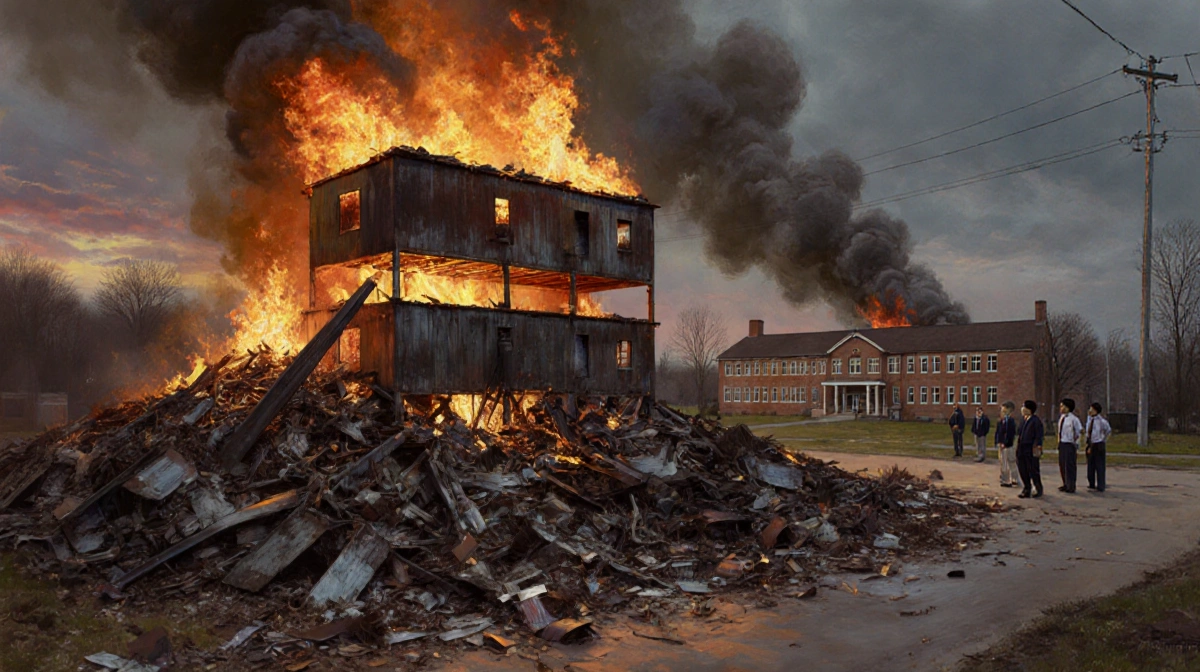 Historic scrap pile burning with flames and smoke rising while students and staff watch from distance near school
