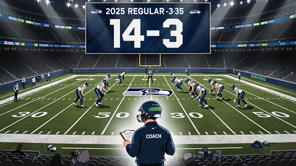 Mike Macdonald standing with clipboard and halo of light above field with scoreboard showing Seahawks 14-3 and formation