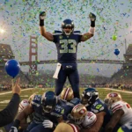 Seahawks quarterback celebrates victory with arms raised atop defeated players with confetti and cheering fans in blue and gr