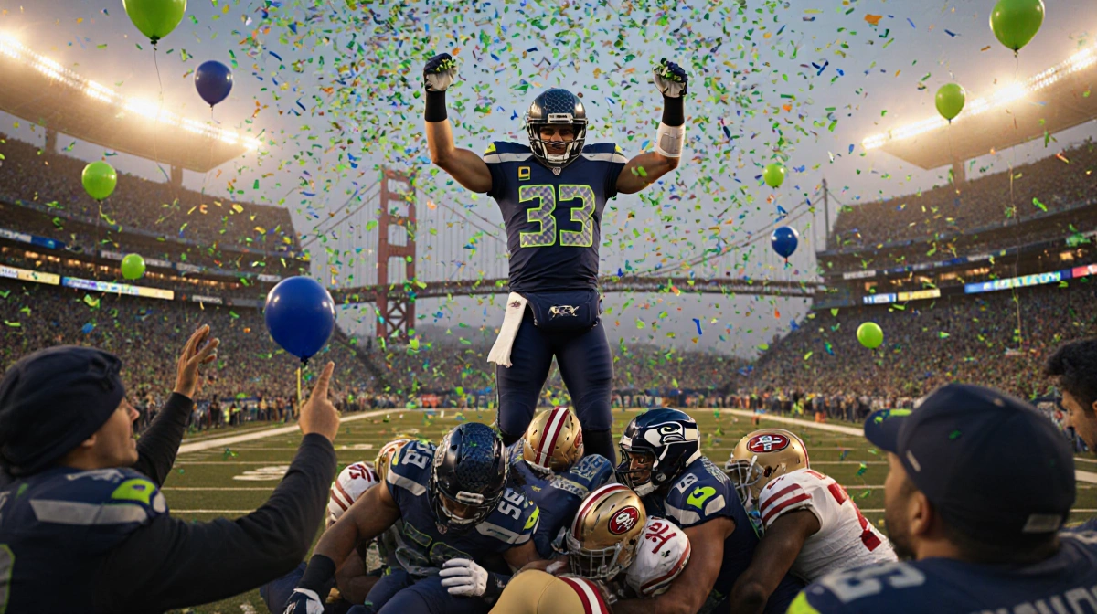 Seahawks quarterback celebrates victory with arms raised atop defeated players with confetti and cheering fans in blue and gr
