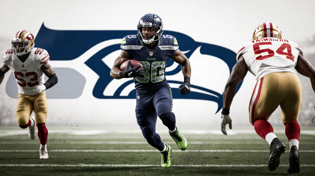 Running back Kenneth Walker III breaking through 49ers line with blurred Seahawks logo and determined eyes on horizon.