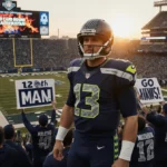 Russell Wilson standing on sidelines with fans in navy jerseys and a scoreboard flashing in sunset glow.