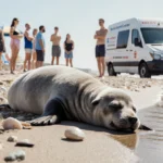 Grey seal pup sleeping on Jersey Shore beach with curious beachgoers watching from distance and rescue van parked nearby