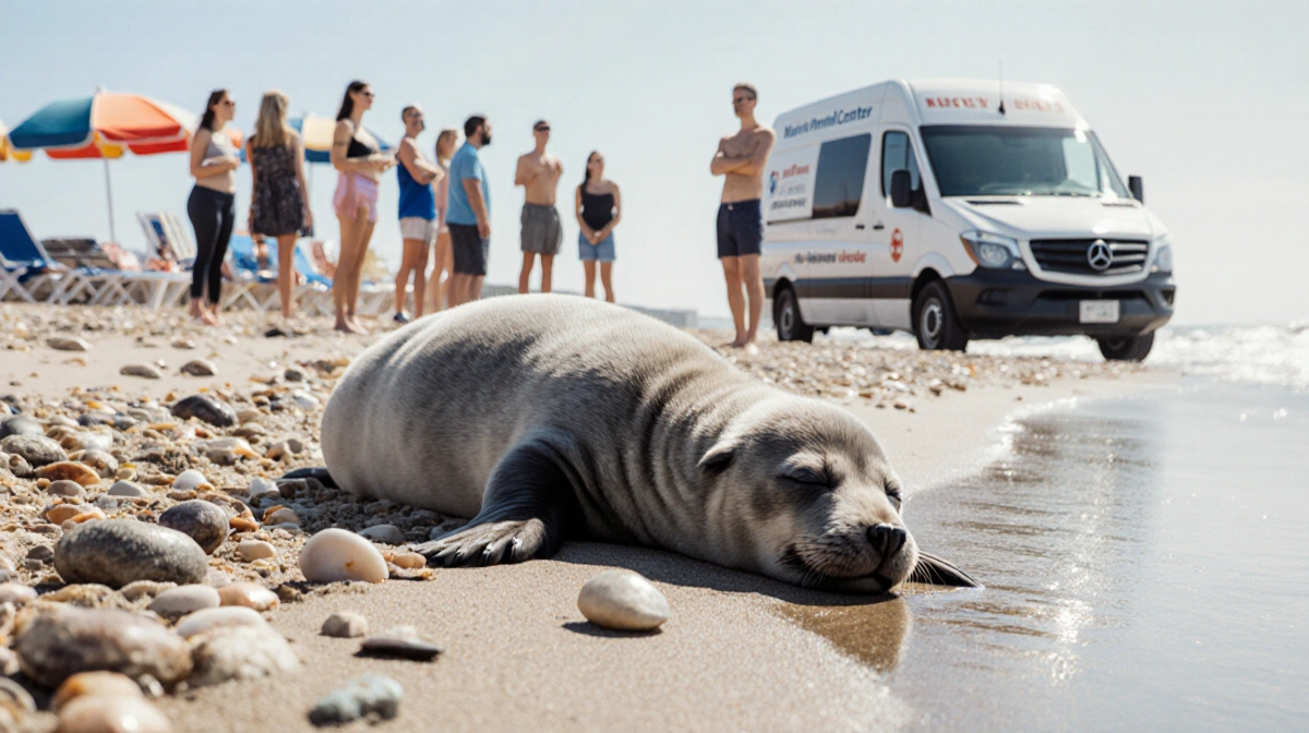 Grey seal pup sleeping on Jersey Shore beach with curious beachgoers watching from distance and rescue van parked nearby
