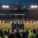 Seattle Seahawks players huddle under stadium lights with cheering navy and green fans and bright skyline in background