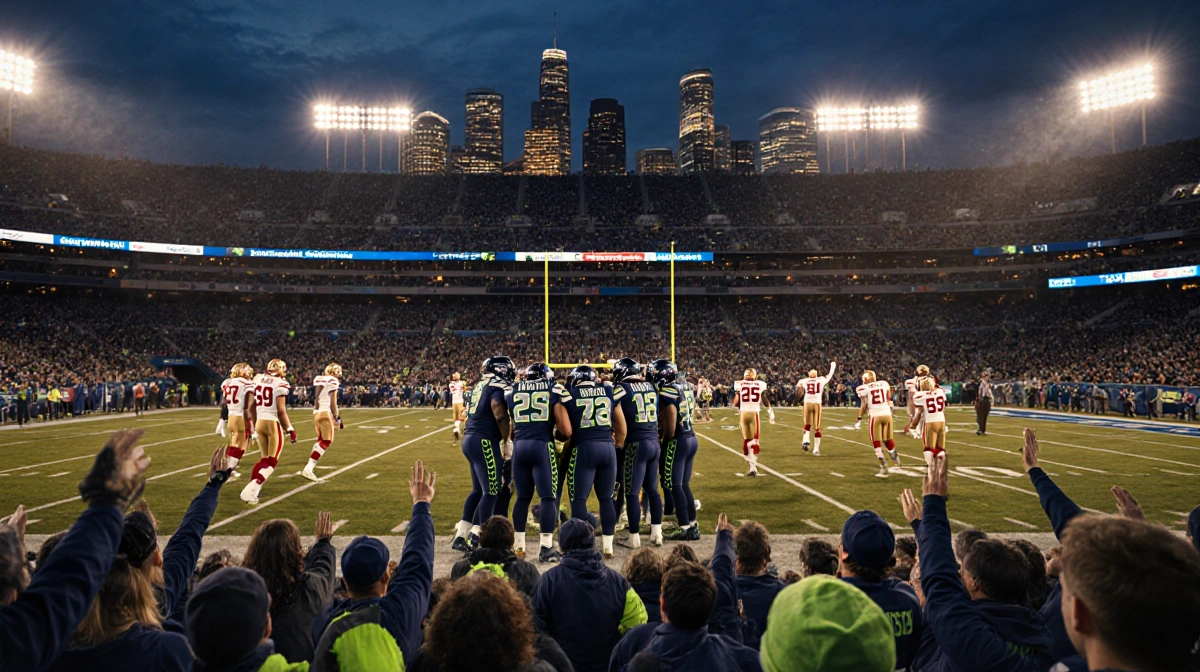 Seattle Seahawks players huddle under stadium lights with cheering navy and green fans and bright skyline in background