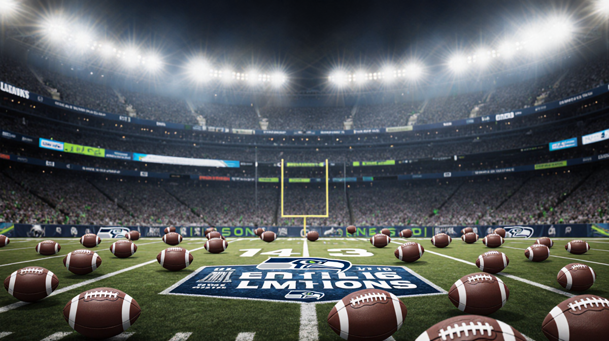 Seattle Seahawks field fills with 14 footballs moving forward and 3 trailing behind with NFC West title banner in center