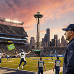 Sam Darnold throwing a pass with Seattle Seahawks fans cheering and the Space Needle silhouetted at sunset