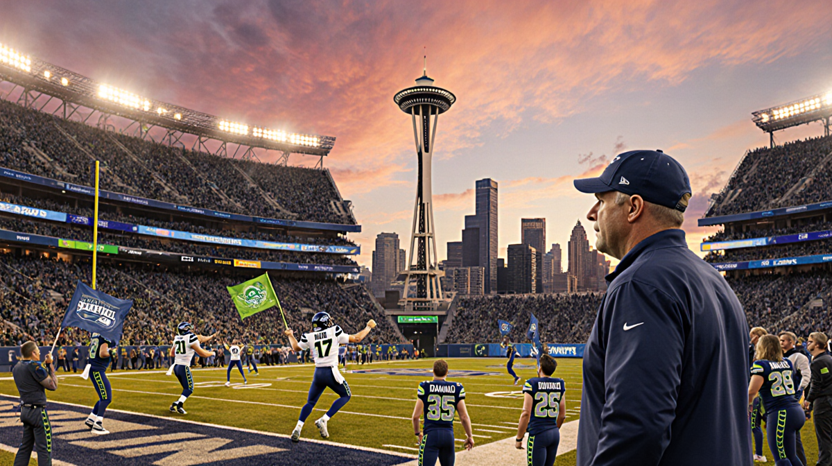 Sam Darnold throwing a pass with Seattle Seahawks fans cheering and the Space Needle silhouetted at sunset