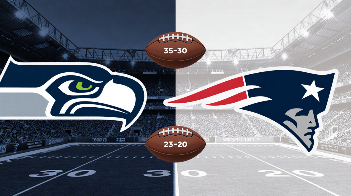 Seattle Seahawks player faces New England Patriots with three footballs in split view on field.