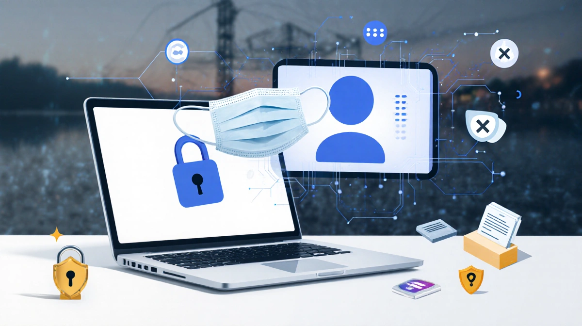 Locked laptop shows secure online meeting with warning symbol and cybersecurity icons protecting virtual workspace