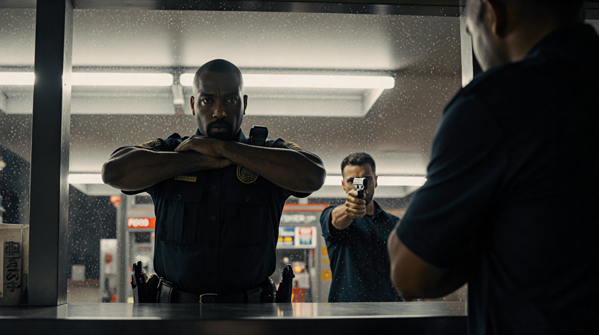 Security guard shielding himself with arms up against a gas station counter while a shadowed man holds a gun in background.