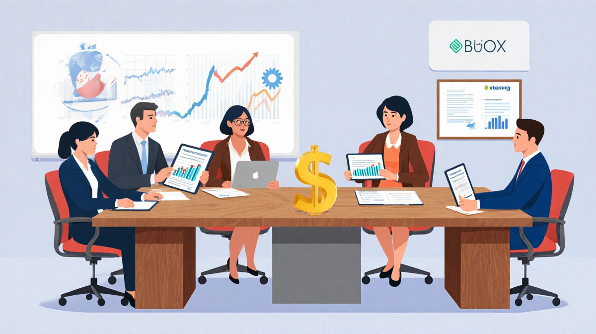 Business professionals reviewing investment proposals with tablets and laptops around a conference table with startup office 