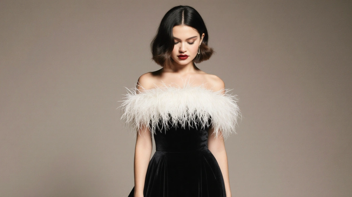 Selena Gomez poses in black evening gown with white feathered neckline and red lips